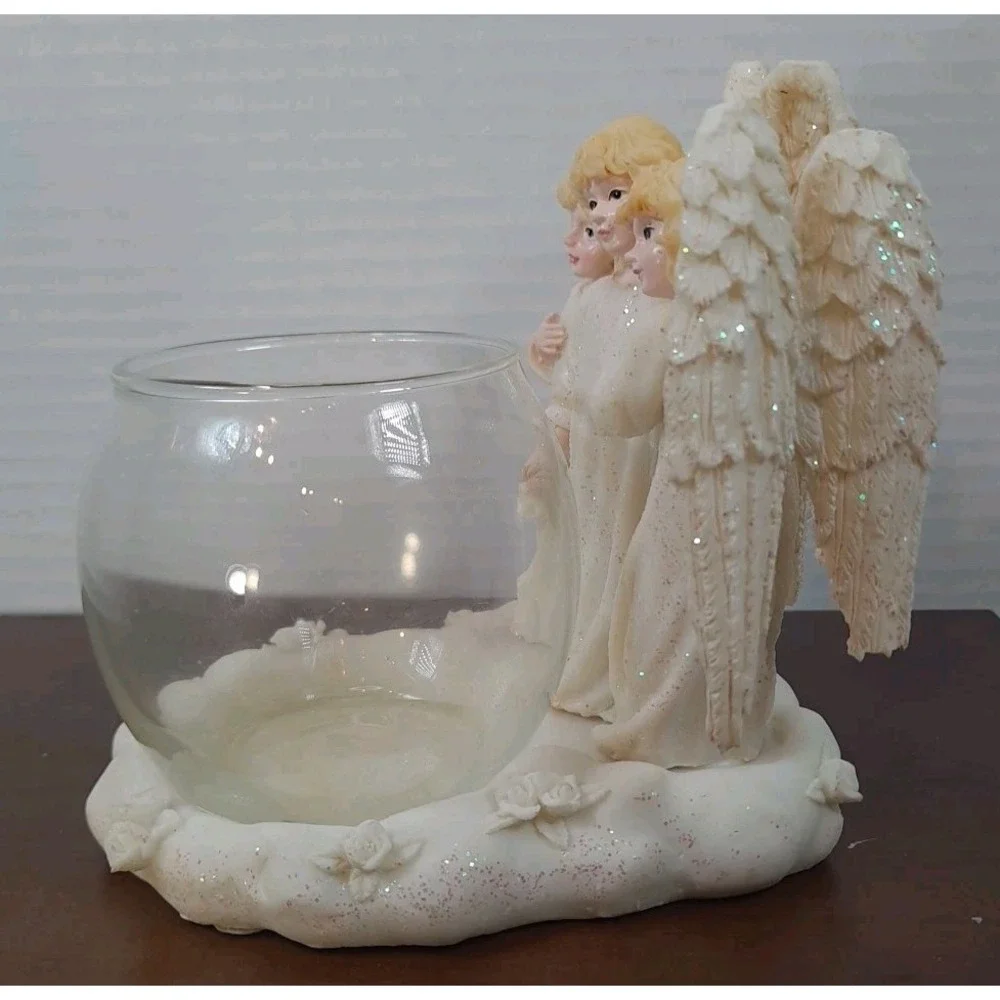 Ganz Trio Porcelain‎ Angel Figurine with Glass Bowl Candle Holder 4.5